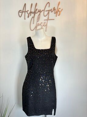 Idem ditto  Black Sequined Square-Neck sparkle party Mini Dress